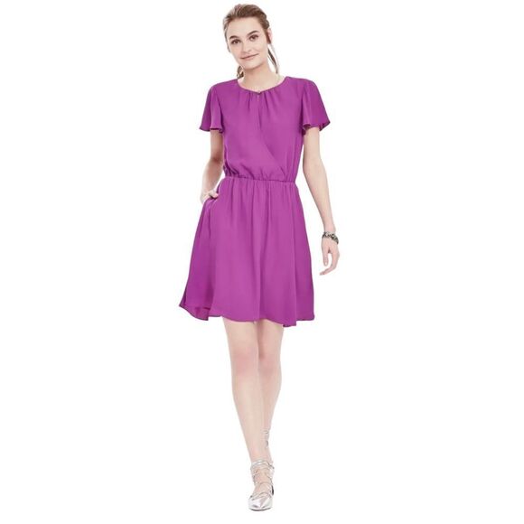 BANANA REPUBLIC Wrap Front Flutter Sleeve Dress Purple Size XS - Picture 2 of 10